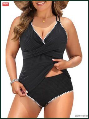 Plus Size Tummy Control Tankini Set - Two Piece Swimwear High Waisted Bottoms